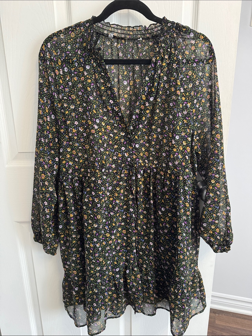 Zara Black Mini Dress with Yellow and Purple Floral Print